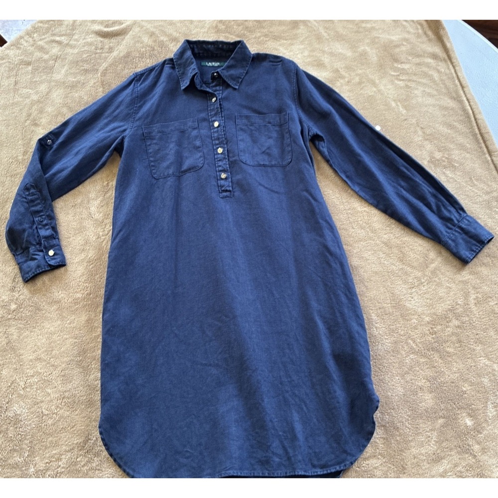 Ralph Lauren Women's Dress Size 8 Navy Blue Linen Tunic Dress Old Money Preppy